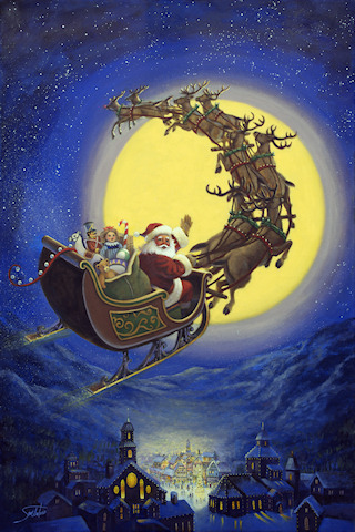 Santa in the Sky, a Holiday Series oil by Sambataro