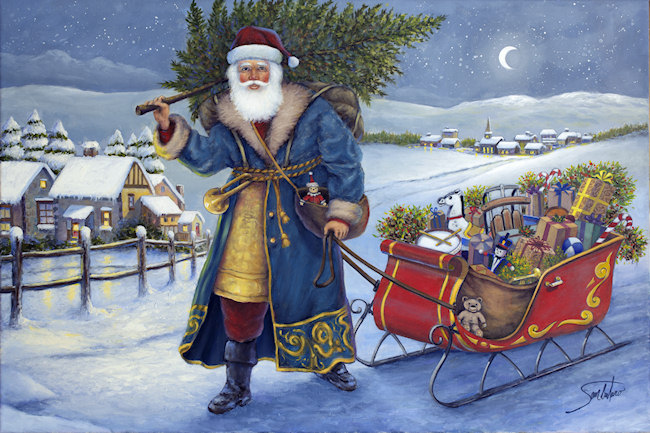 Santa with Sled, a holiday series oil by Sambataro